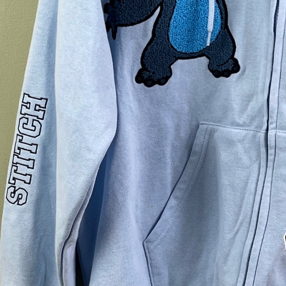 Disney Lilo & Stitch Light Blue Full Zip Hoodie Embroidered Chenille Patches XL - Picture 5 of 9